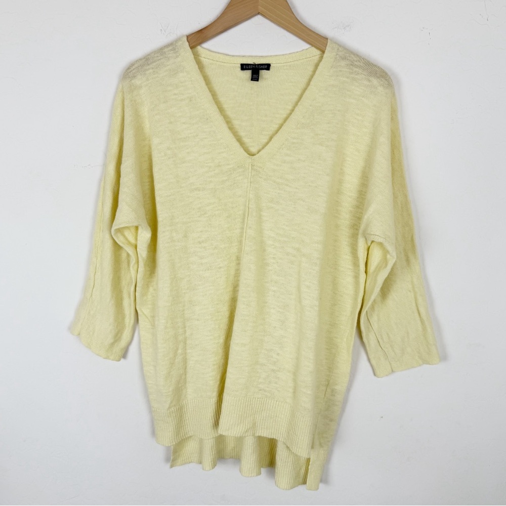 Eileen Fisher Pullover V-Neck Sweater Butter Yellow Linen Organic Cotton